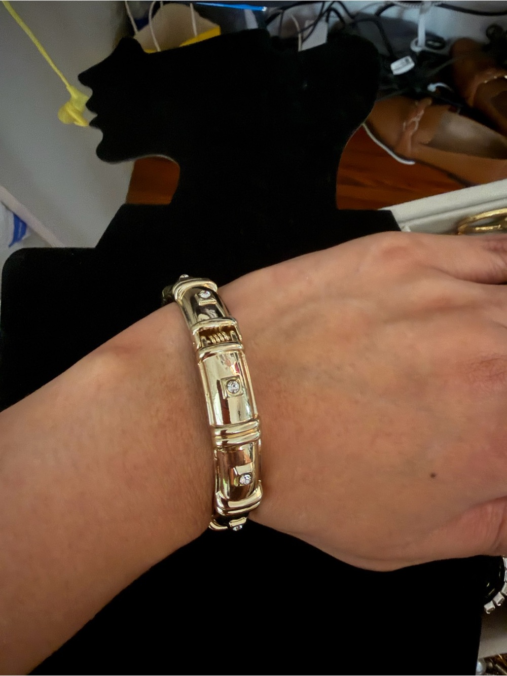 Gold Tone Hinged Bracelet with Crystal Accents - SZ 7